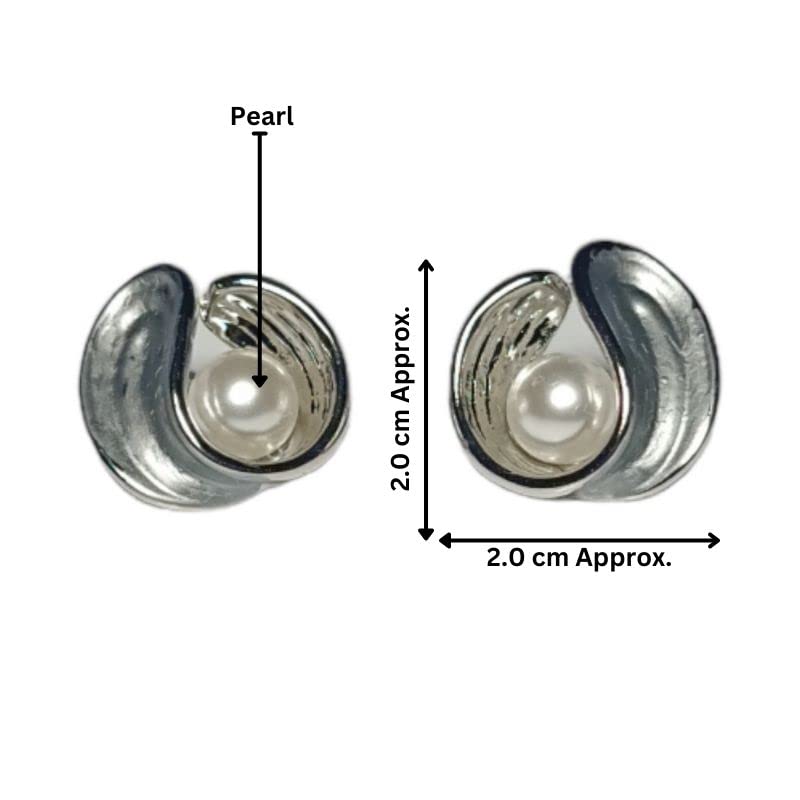Silver earrings with pearls, showing size and design details on a white background.