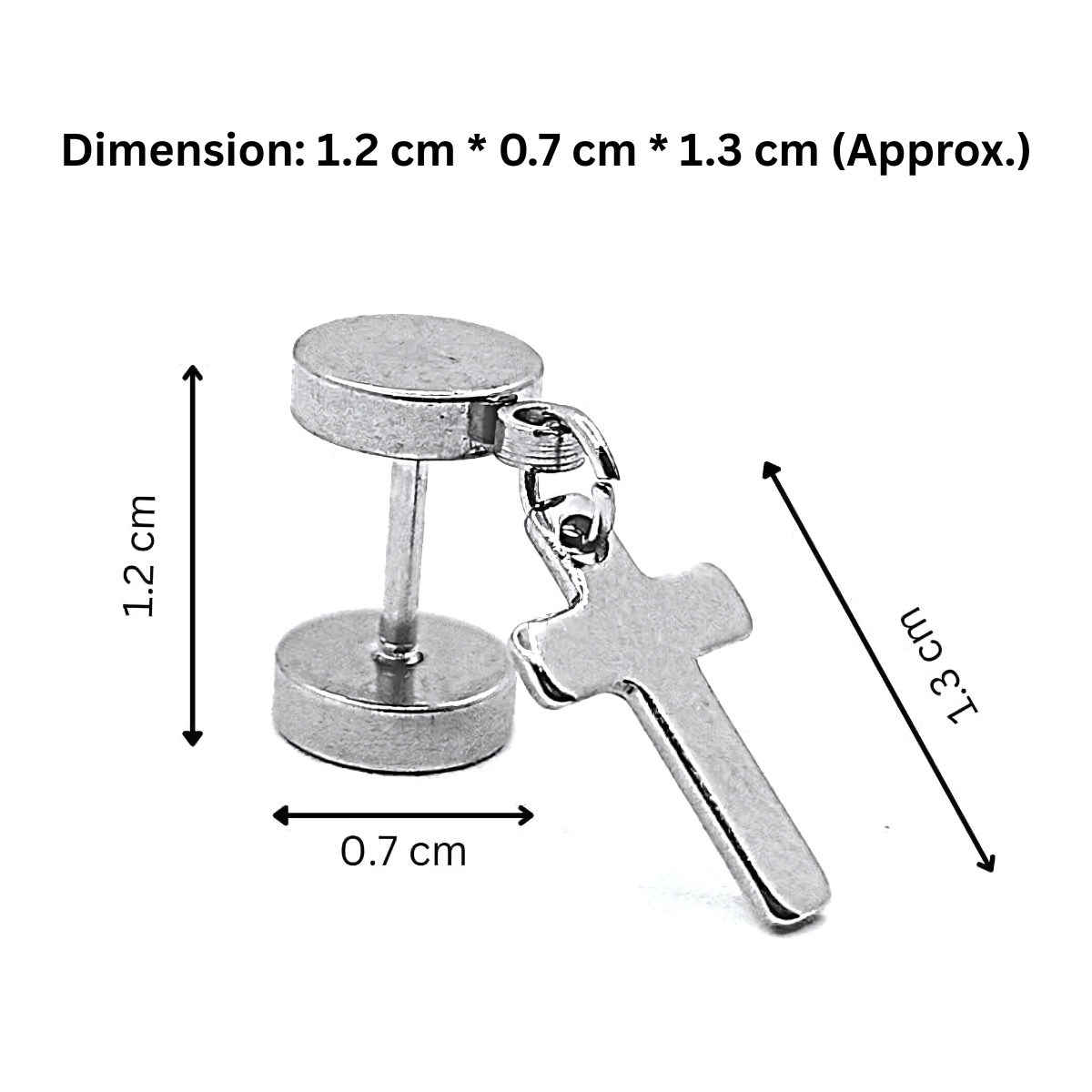 Silver cross earring with dimensions labeled on a white background