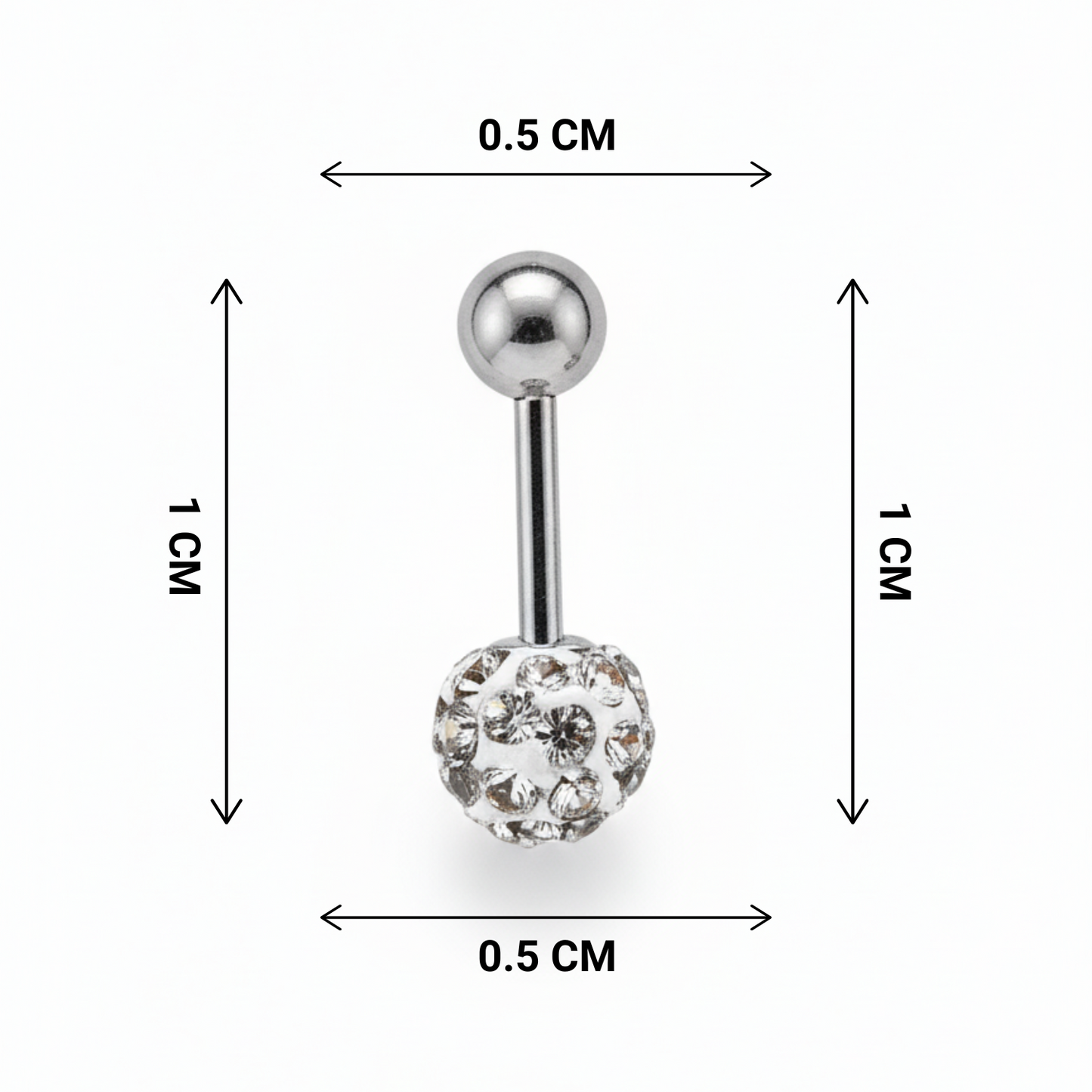 Belly button ring with gemstone design and measurements on a white background