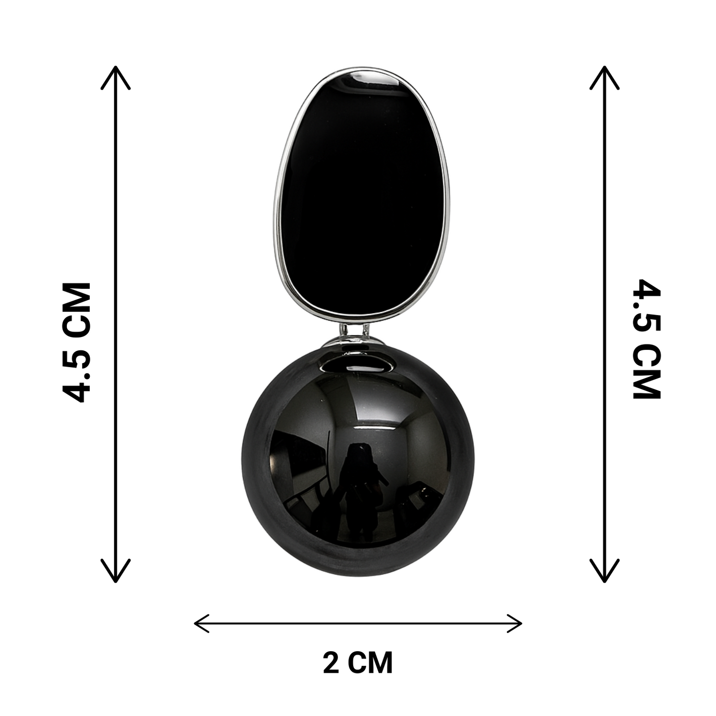 Black spherical object with a reflective surface, shown with measurements on a white background