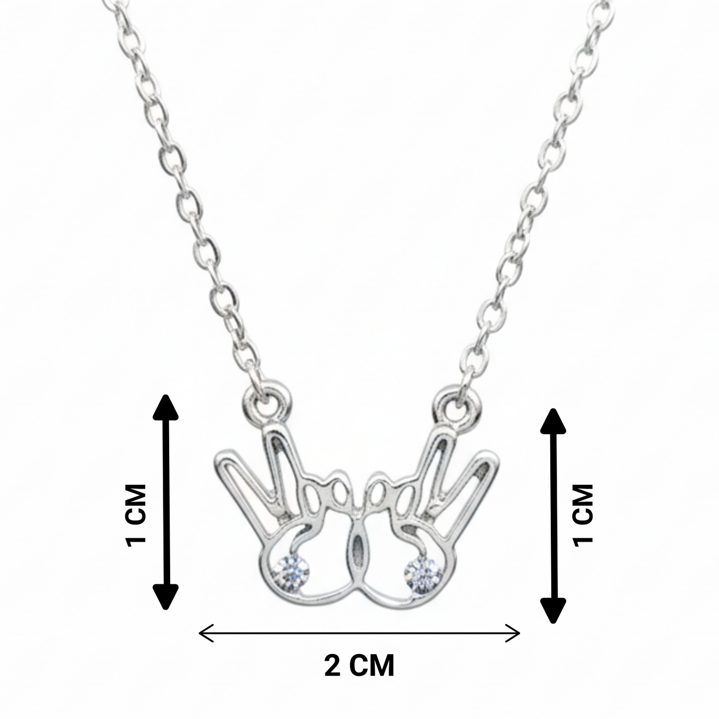 Silver necklace with a crown pendant, shown with measurements on a white background.