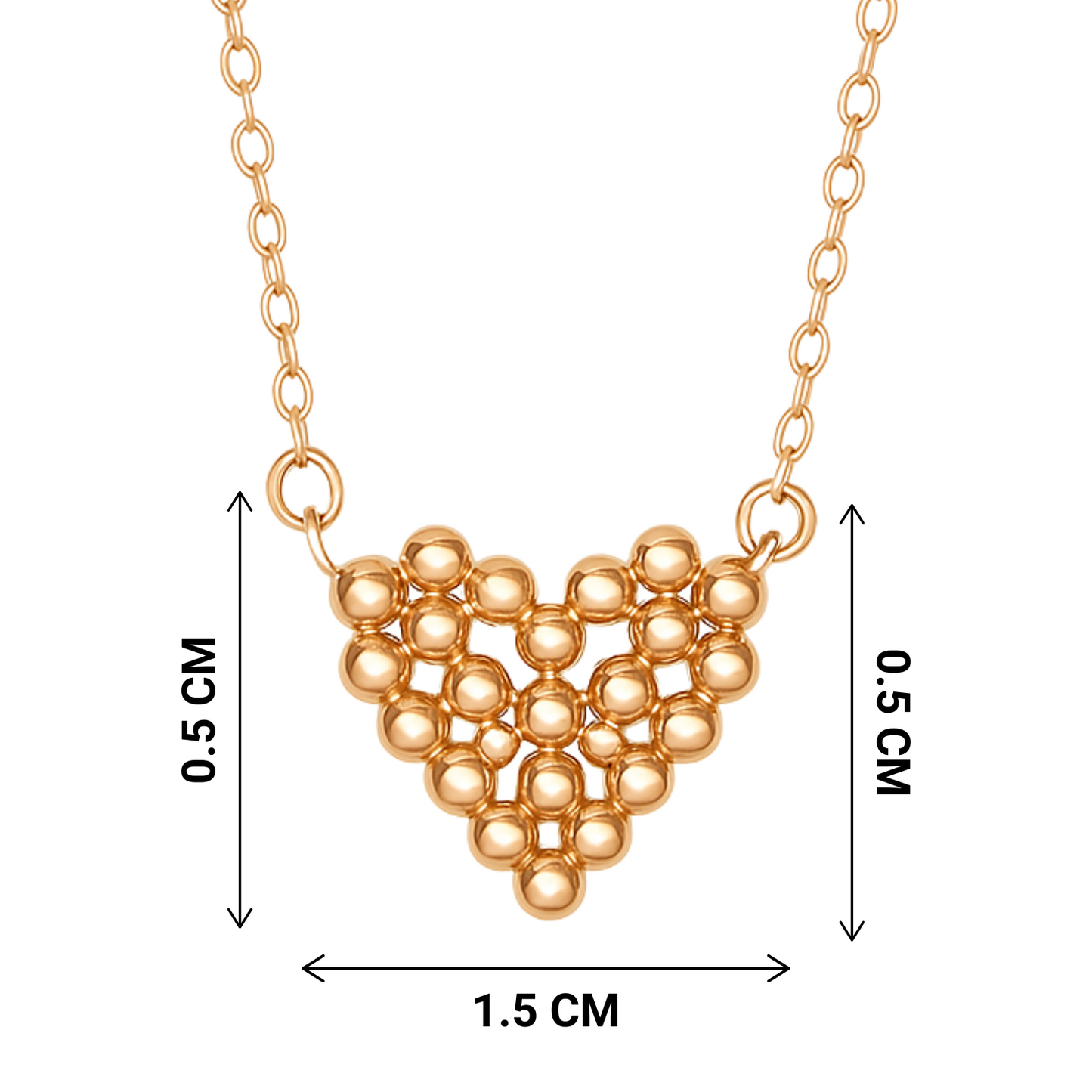 Gold necklace with a geometric pendant and measurements on a white background