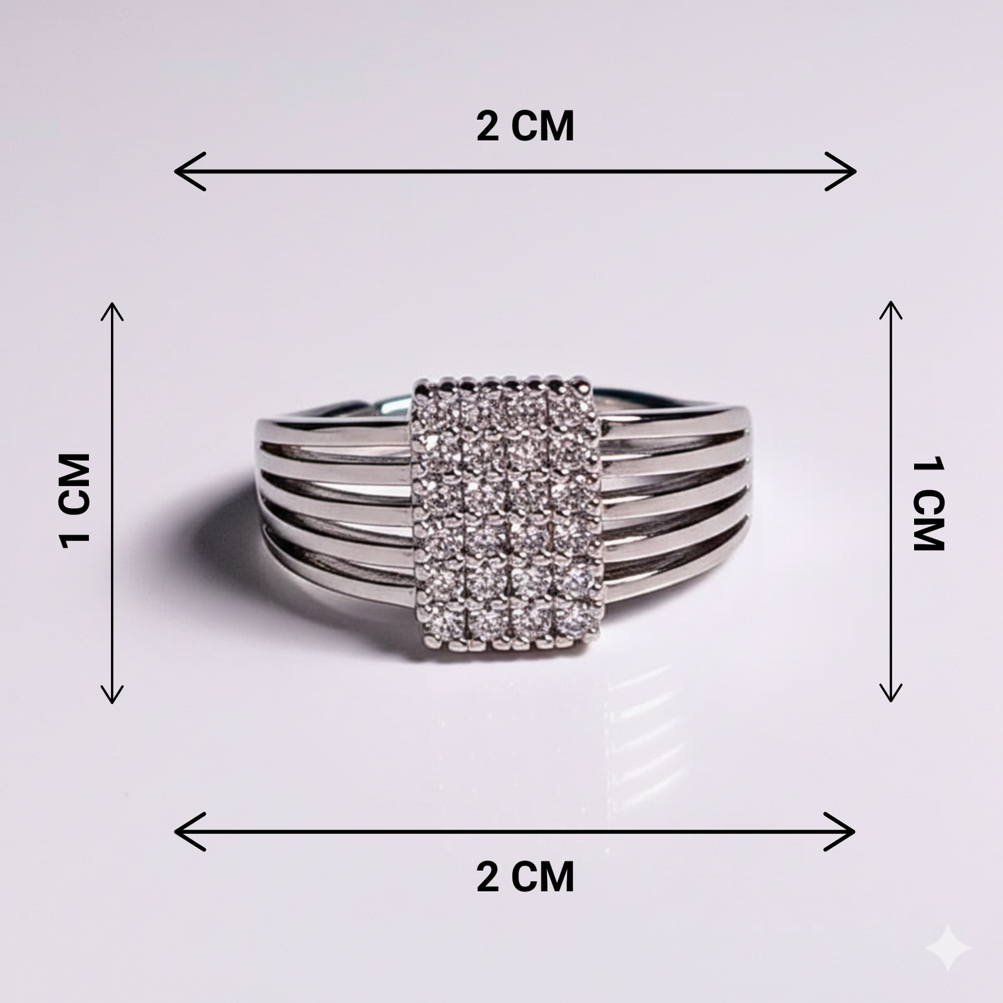 Silver ring with gemstone dimensions shown on a light gray background