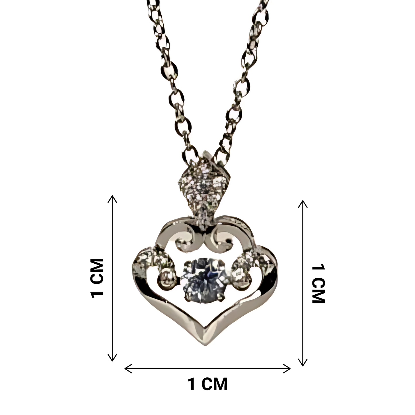 Heart-shaped diamond pendant with chain, shown with measurements on a white background