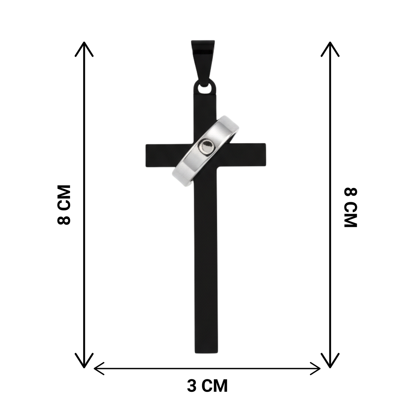 Black cross pendant with a silver accent on a white background, showing measurements.