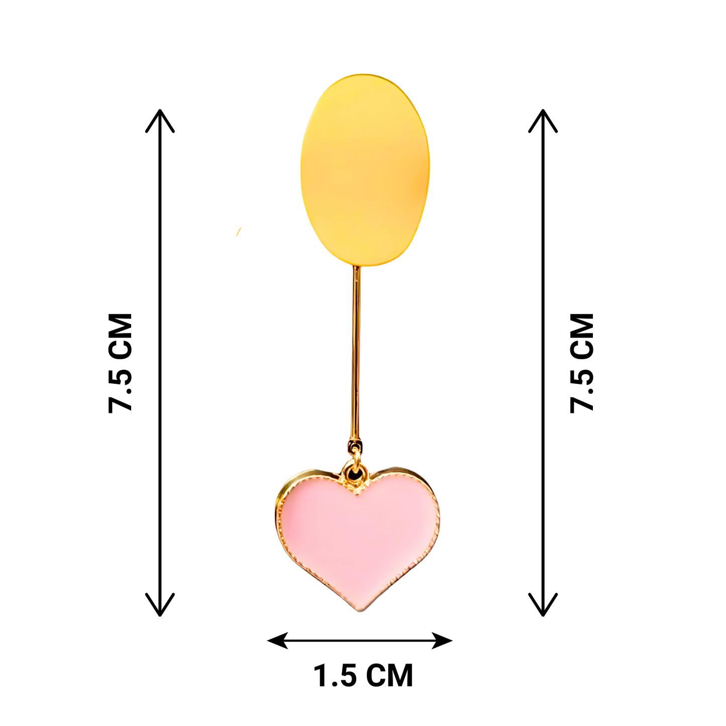 Earring with yellow oval and pink heart design, shown with measurements on a white background.