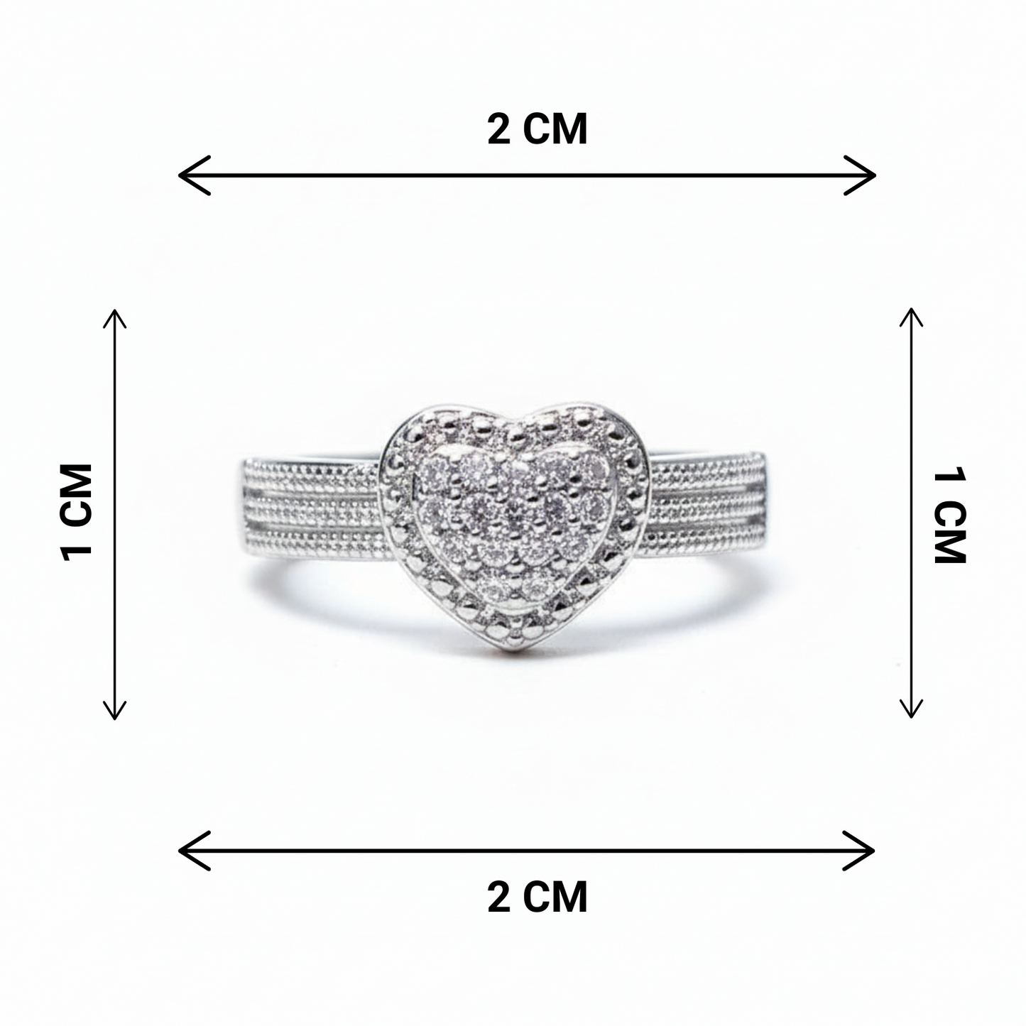 Heart-shaped silver ring with dimensions indicated on a white background