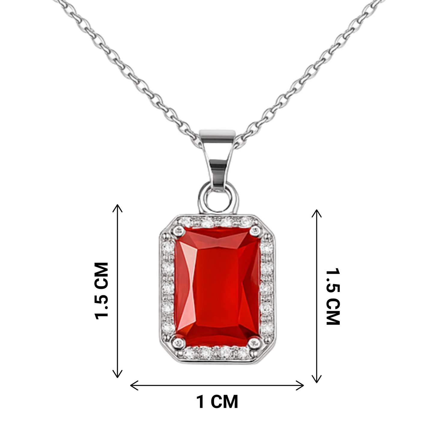 Red gemstone pendant with silver chain and measurements on a white background