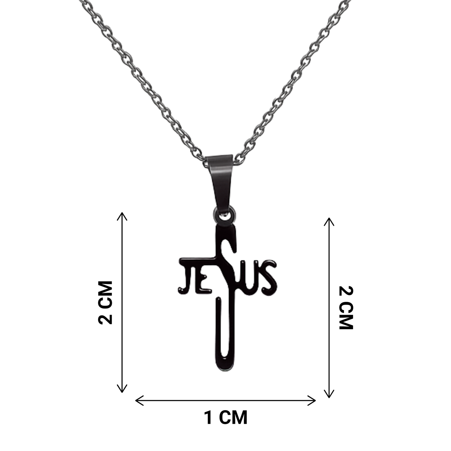Black 'Jesus' cross pendant on a chain with measurements on a white background