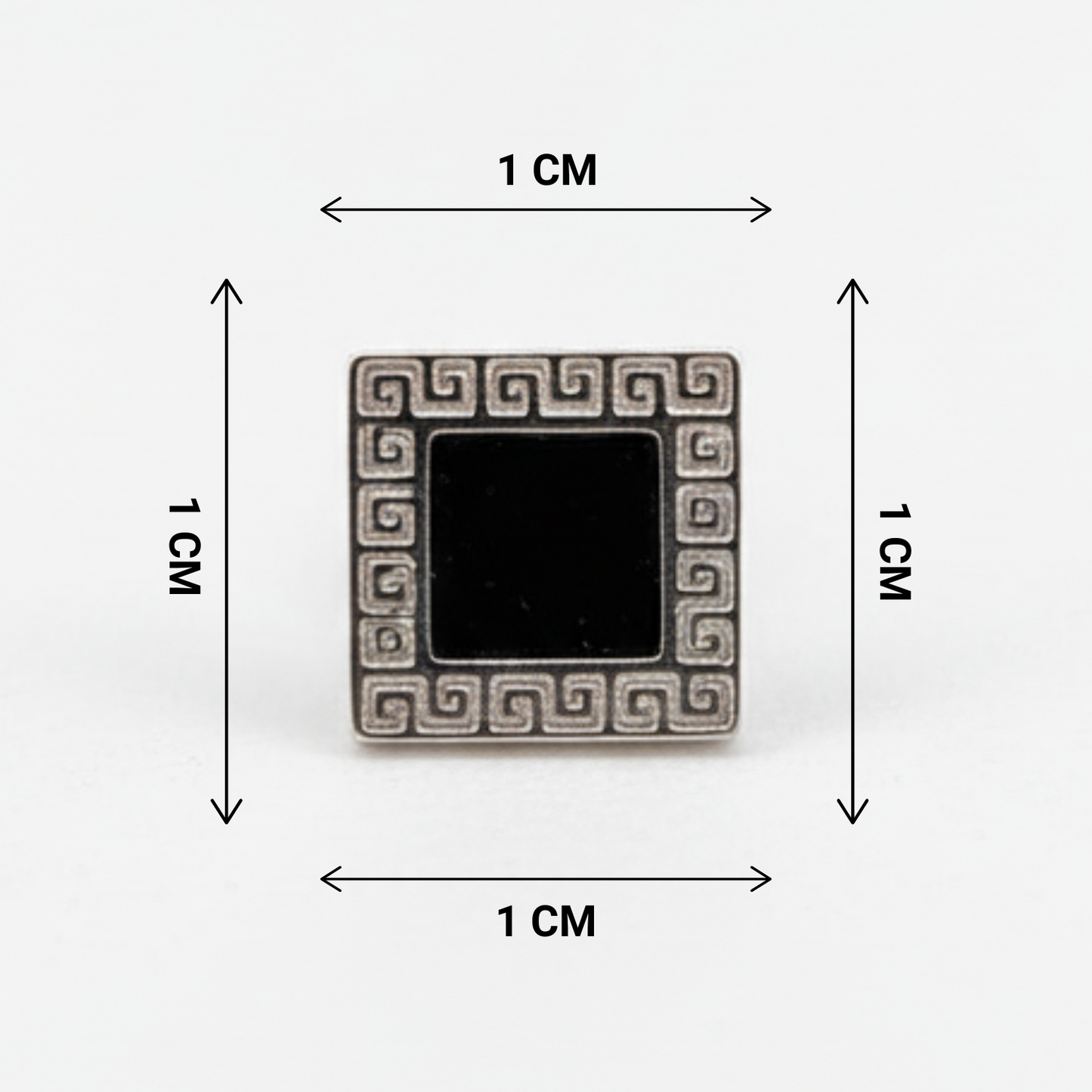 Small square mirror with decorative border, shown with dimensions on a white background