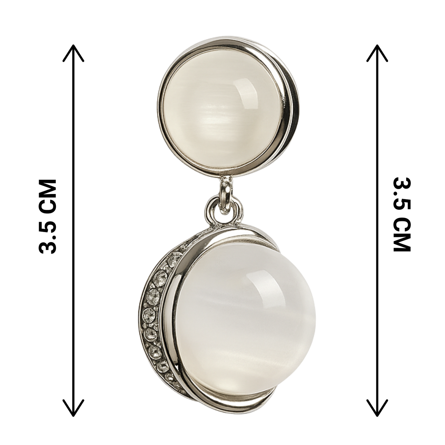 Pair of earrings with white stones and silver accents, shown with measurements on a white background.