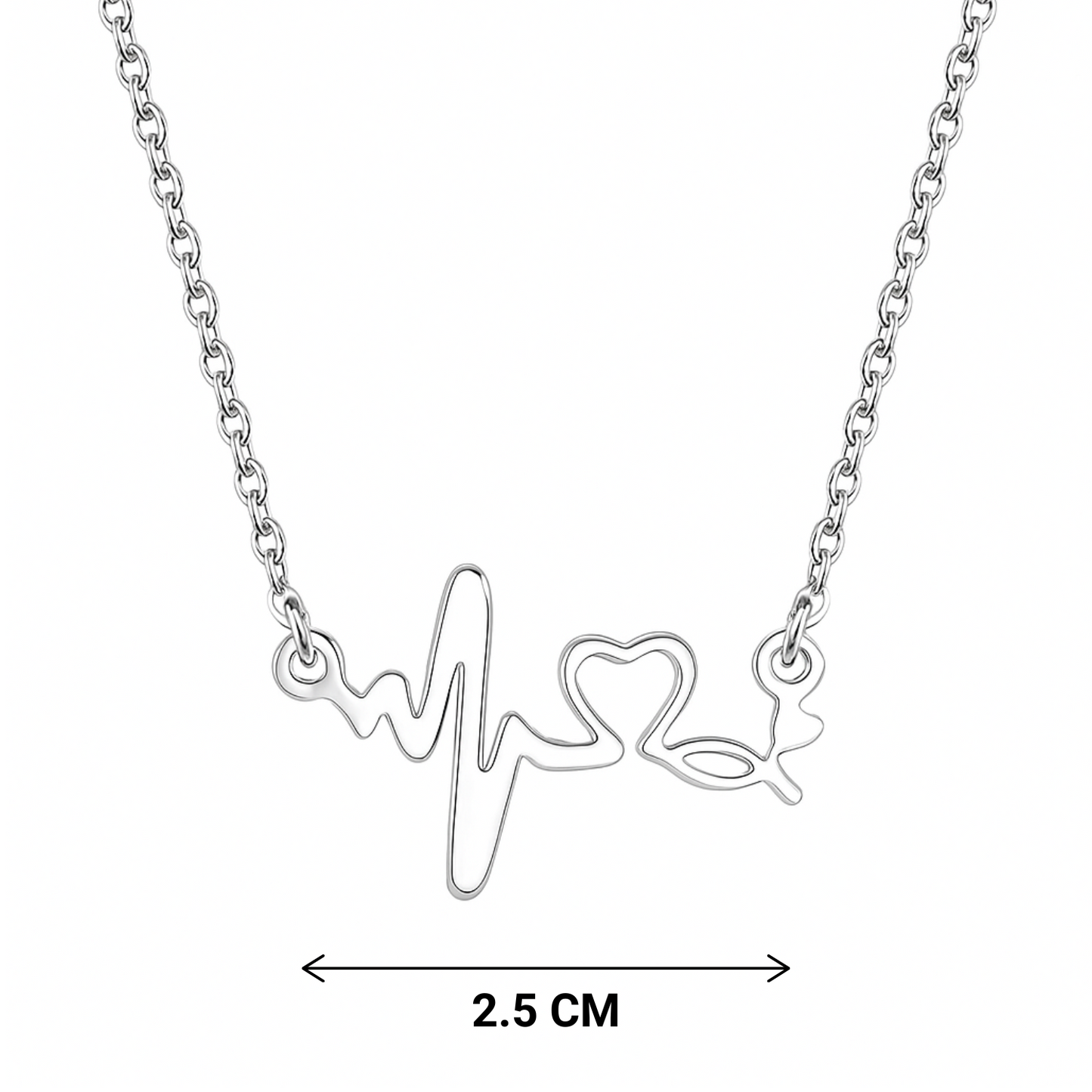 Silver necklace with heart and line design on a white background