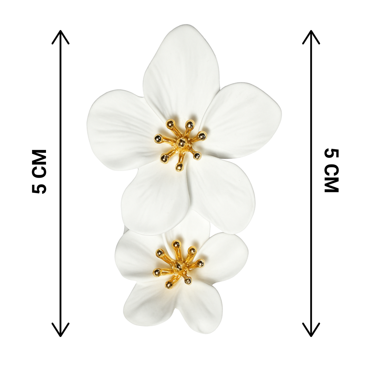 White floral earrings with gold centers and measurements on a white background