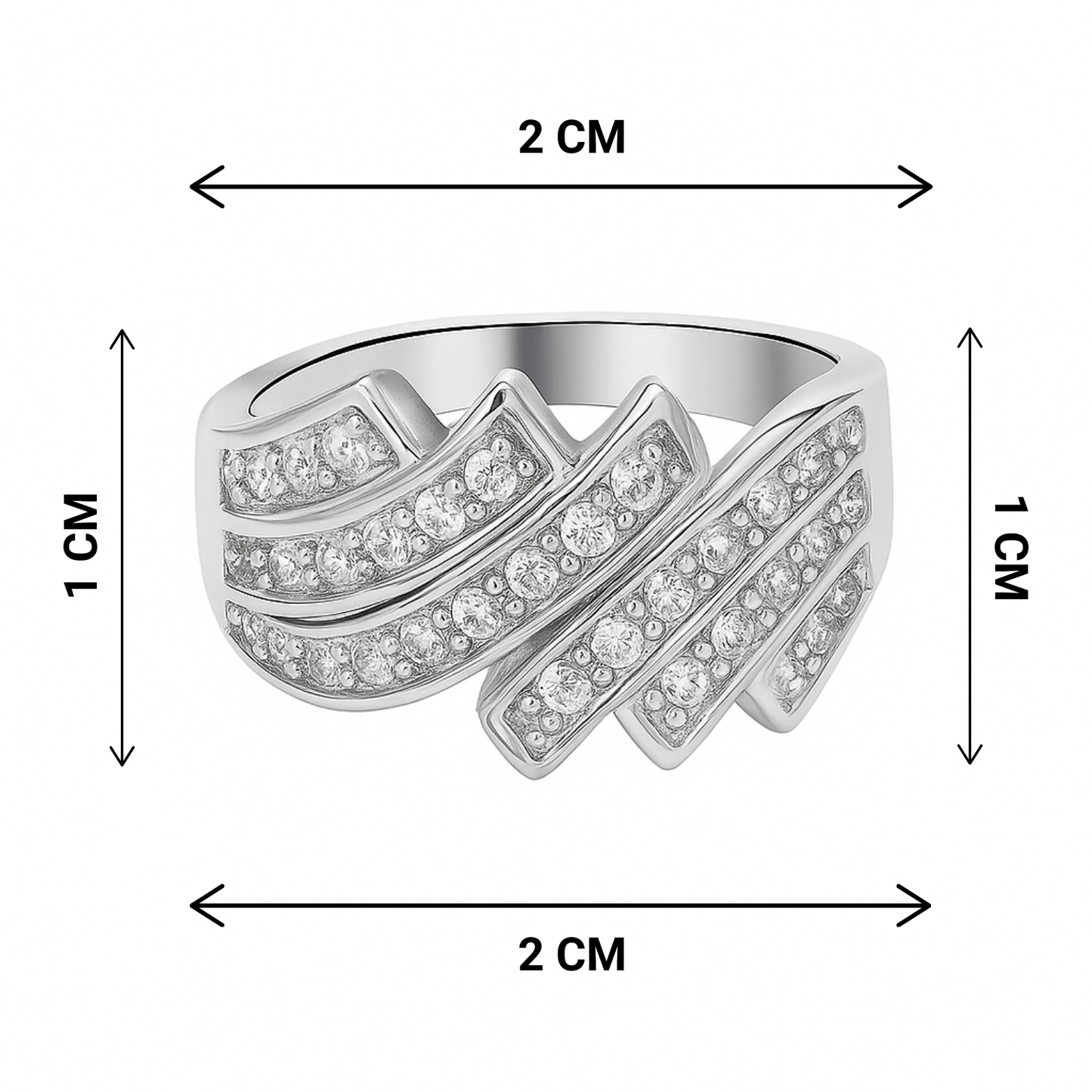 Silver ring with gemstones and size measurements on a white background