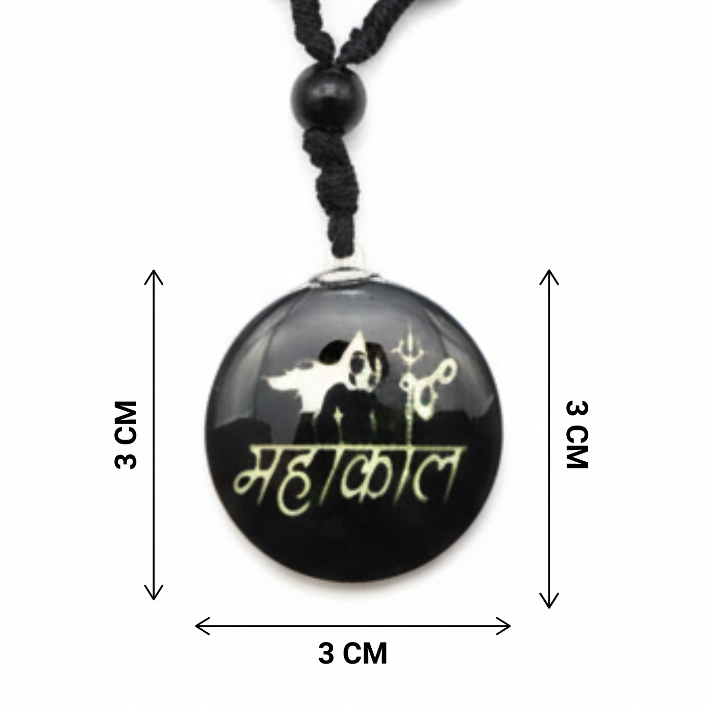 Black pendant with white design and text on a white background