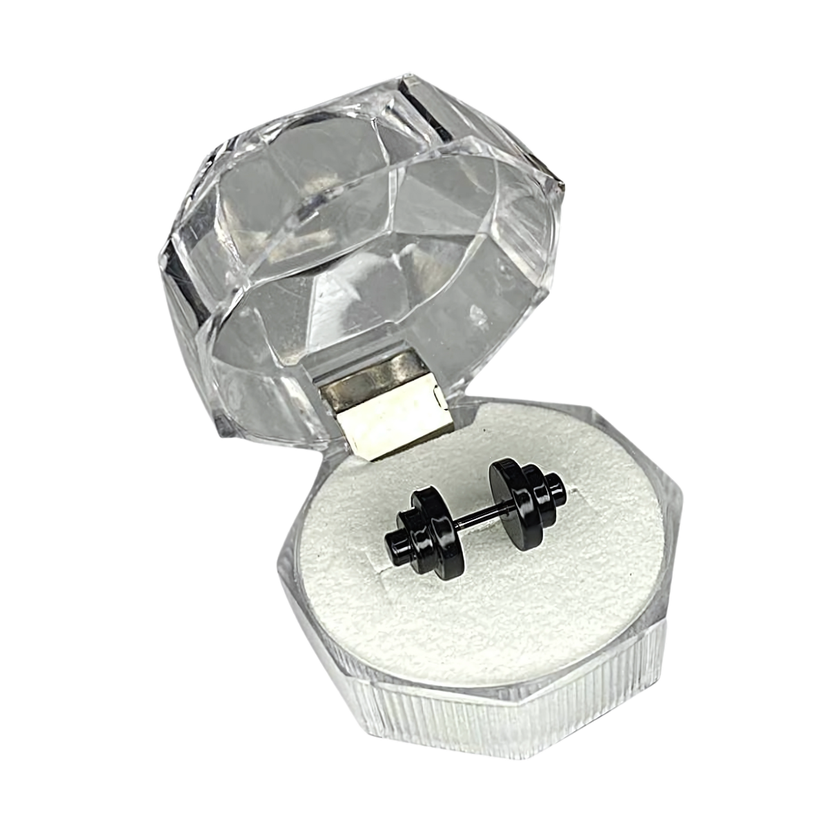 Black earrings in a clear diamond-shaped jewelry box on a white background