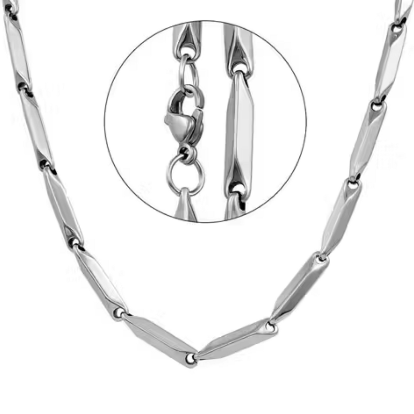 Silver chain necklace with a close-up inset showing the clasp on a white background