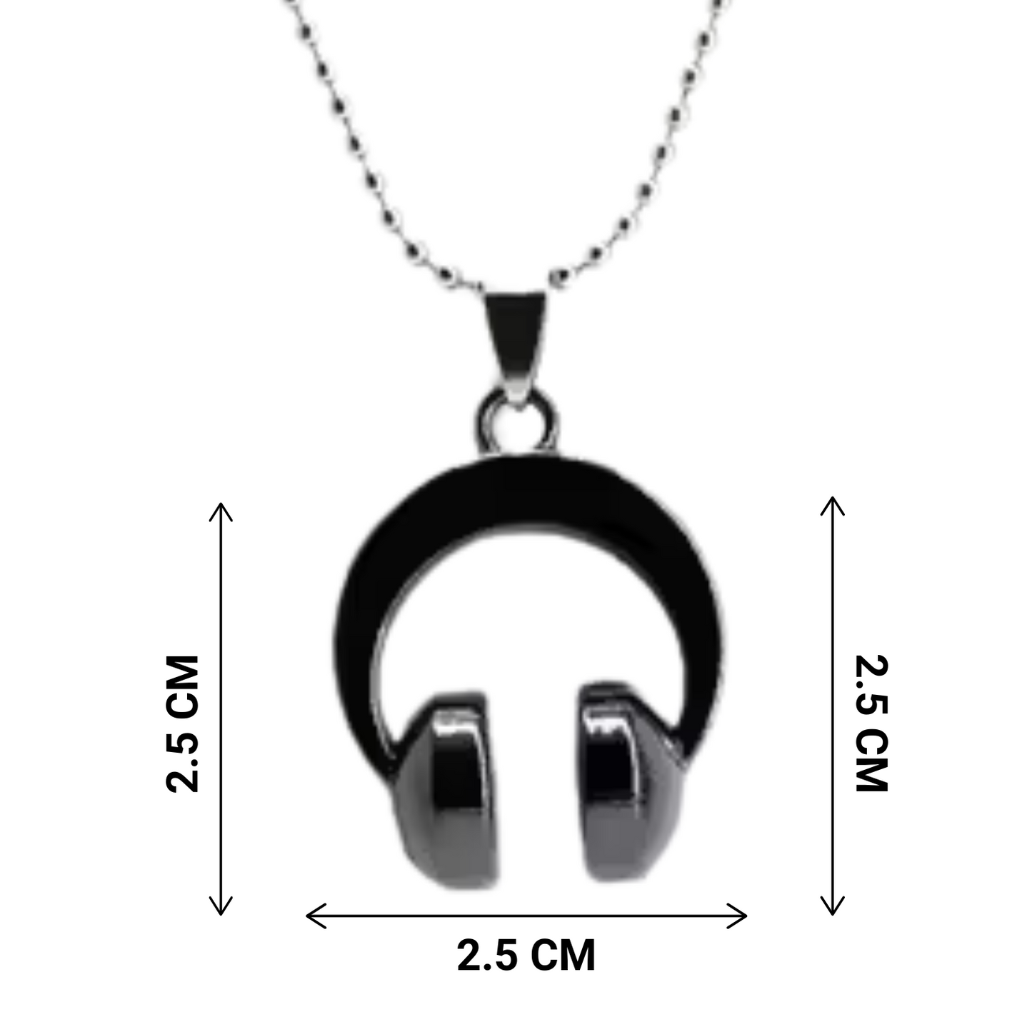 Headphone-shaped pendant necklace with dimensions on a white background