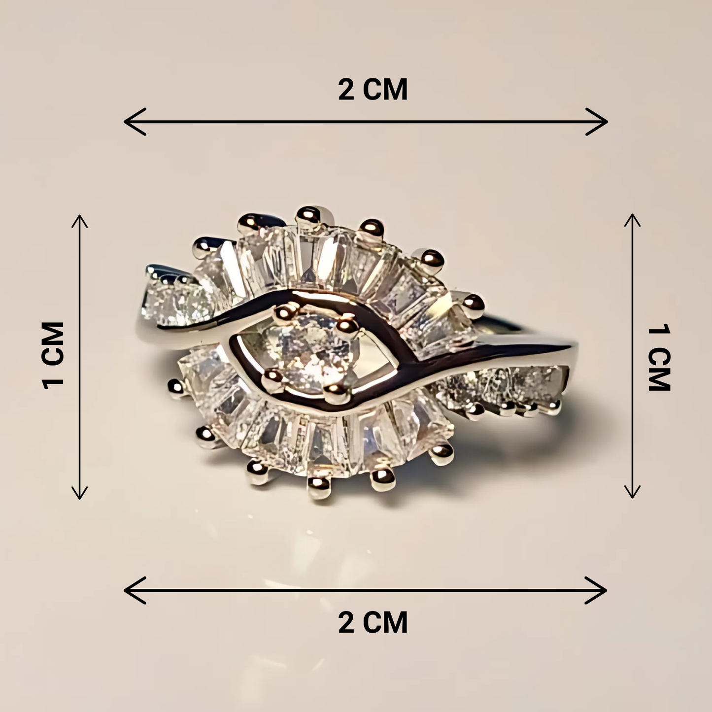 Diamond ring with dimensions marked on a beige background
