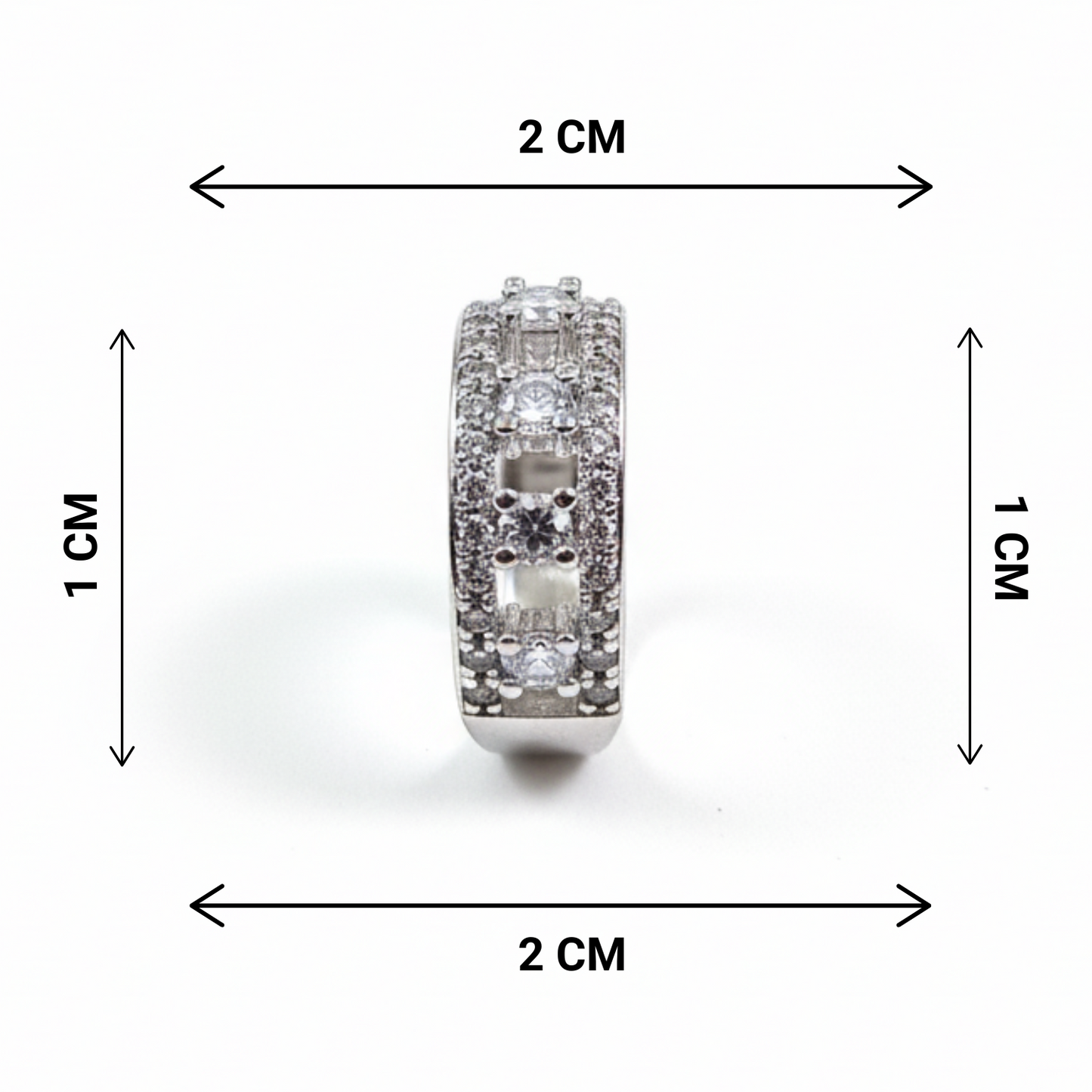 Diamond ring with dimensions indicated on a white background