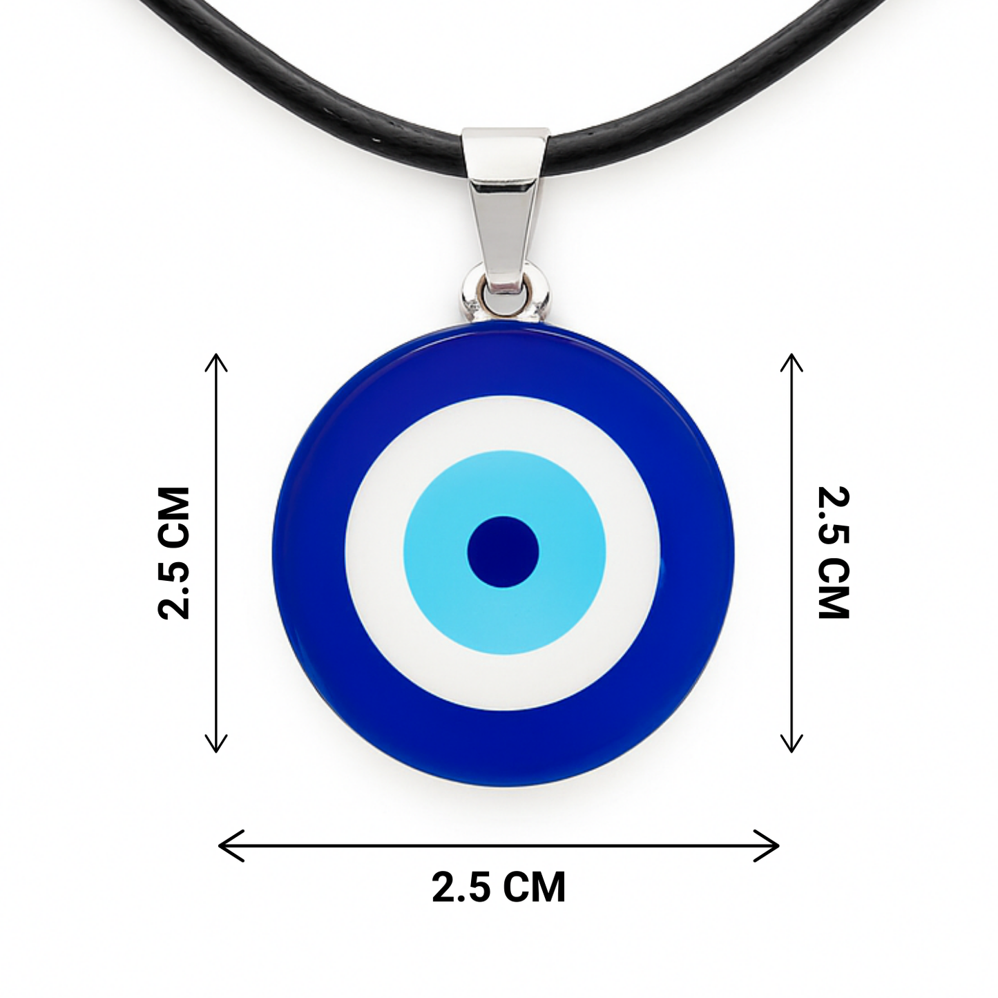 Evil eye pendant with dimensions on a white background