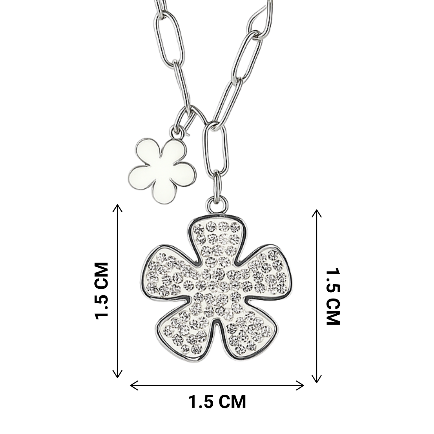 Jewelry with a four-leaf clover pendant and chain, shown with measurements on a white background.
