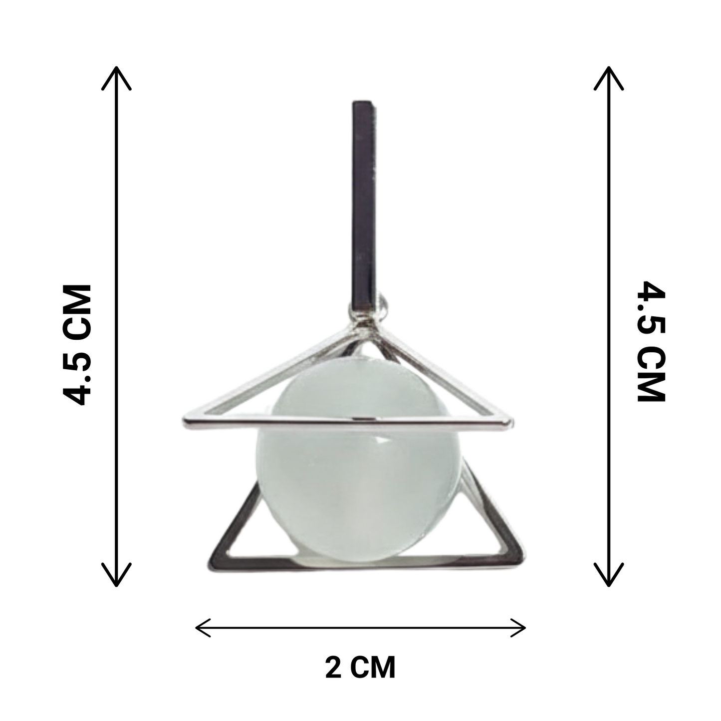 Measurement chart of a pendant with a white sphere and silver triangle, showing dimensions on a white background.