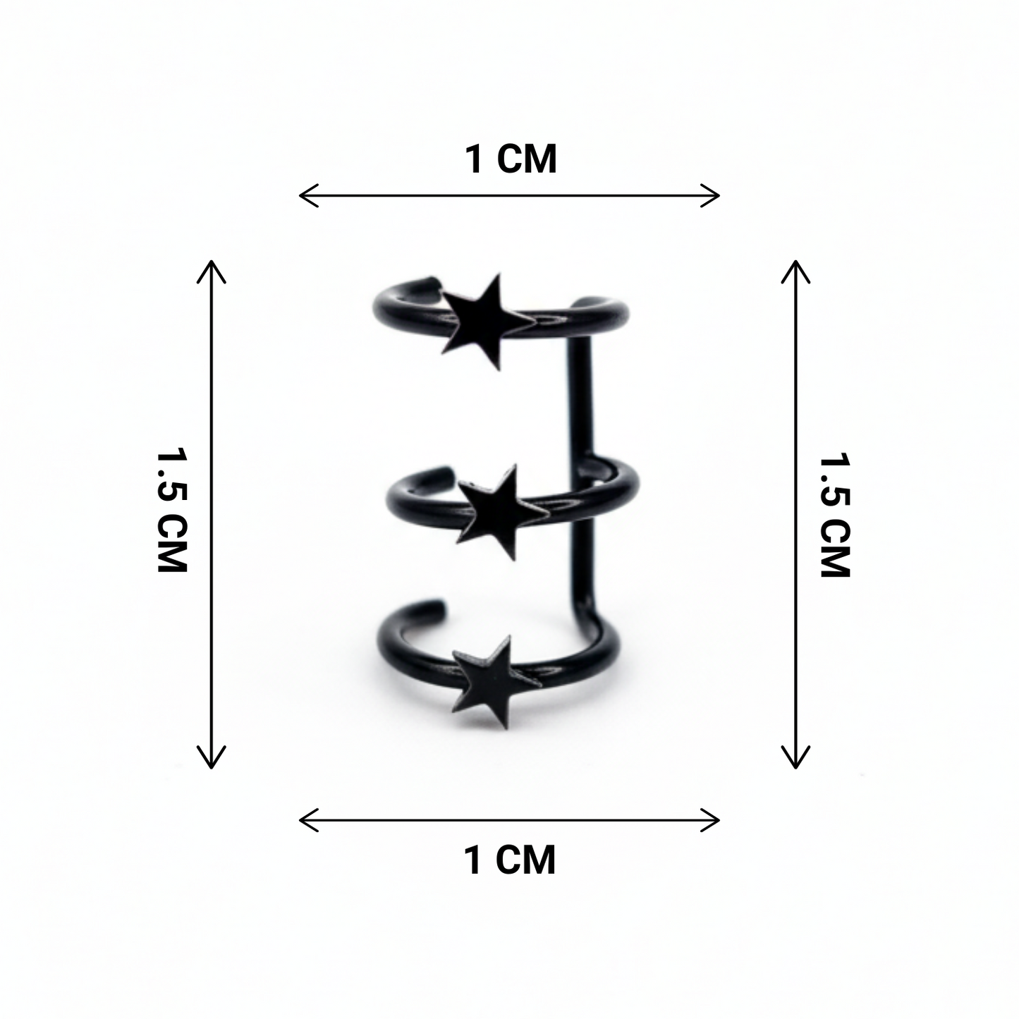 Black spiral earring with star designs and measurements on a white background