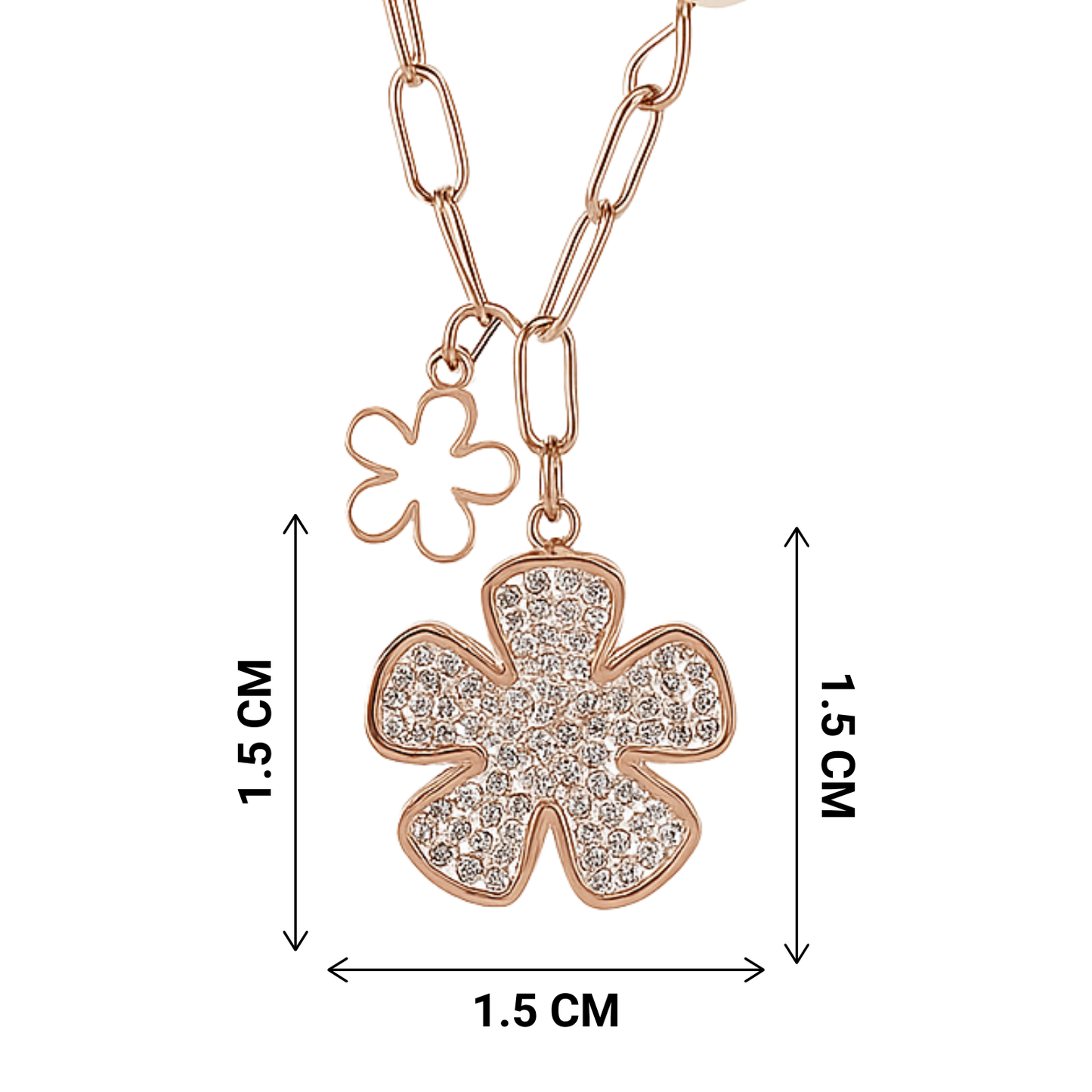 Necklace measurement with rose gold flower pendants and pearl beads