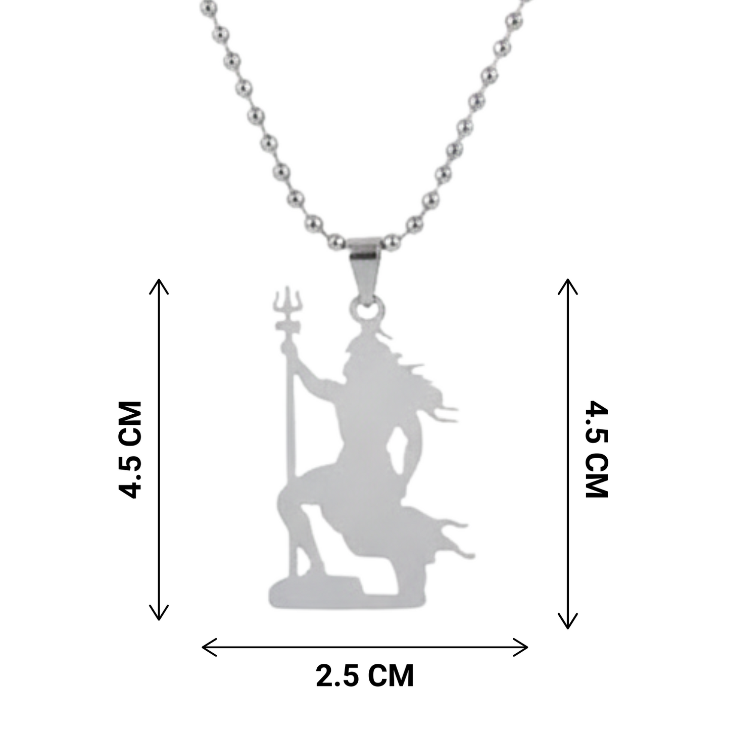 Silver shiv pendant with measurements on a white background