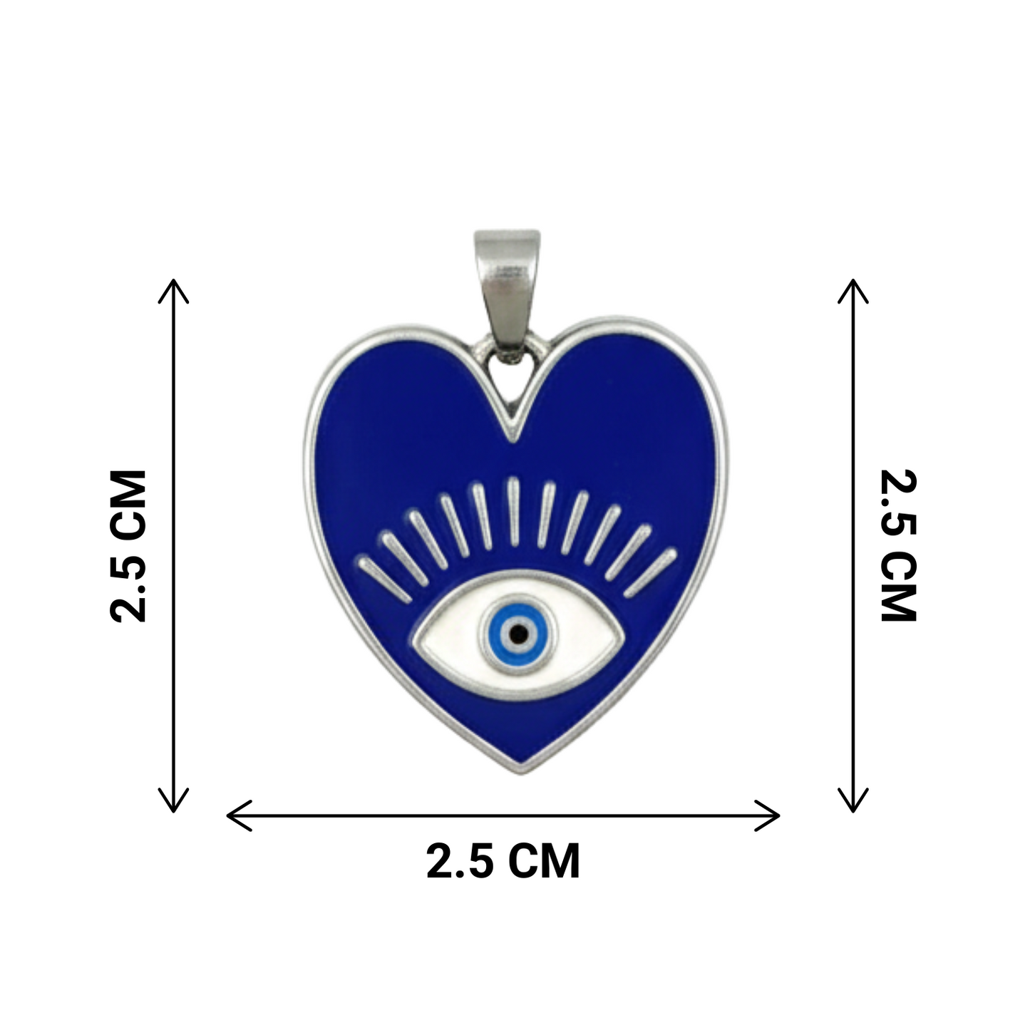 Heart-shaped pendant with an eye design, shown with measurements on a white background