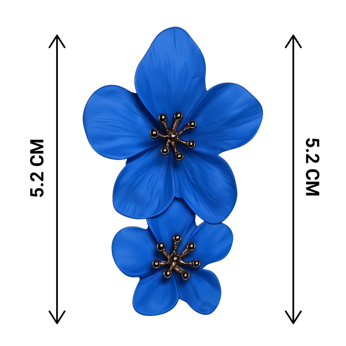 Blue floral brooch with gold centers and measurements on a white background