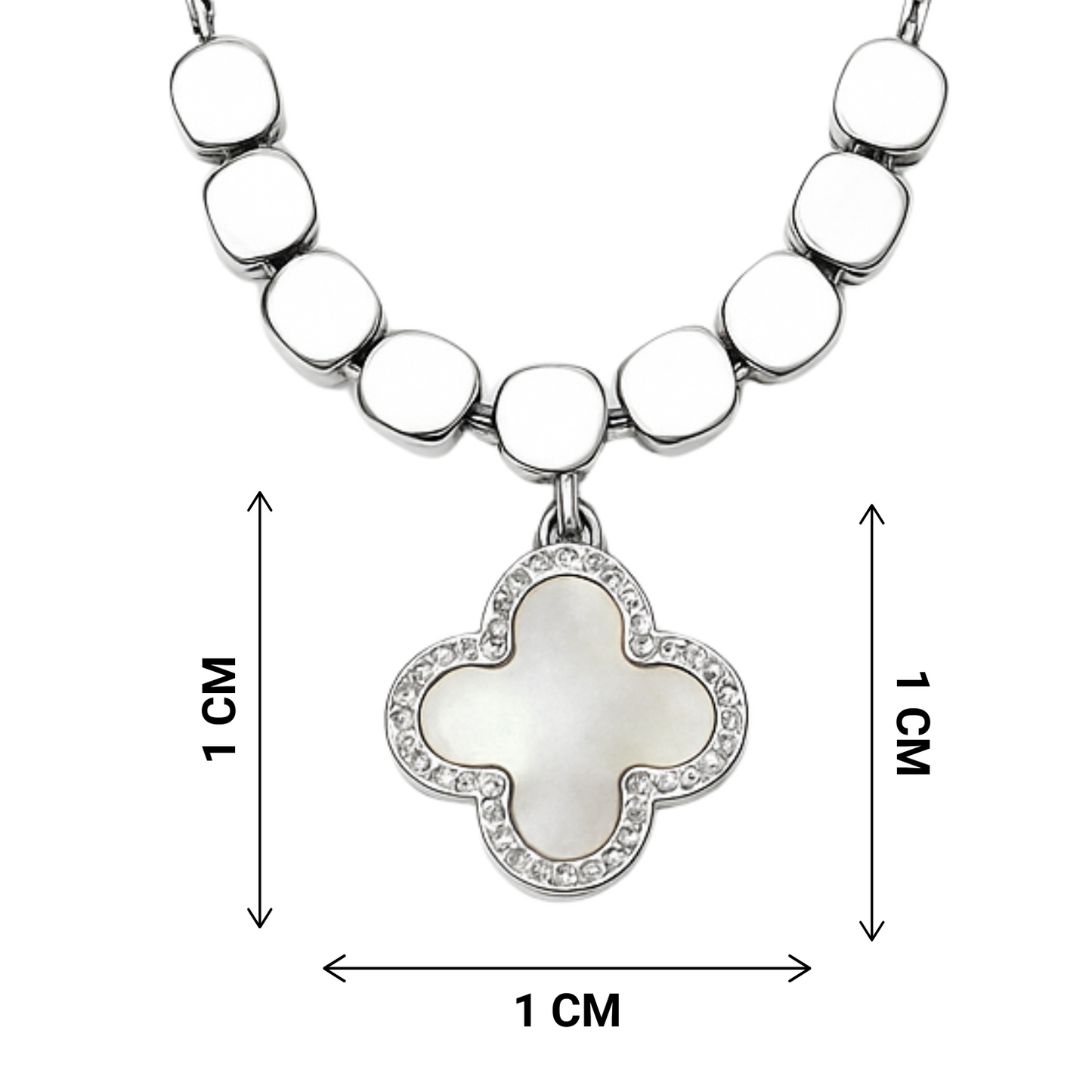 Necklace with a clover-shaped pendant and measurement details on a white background
