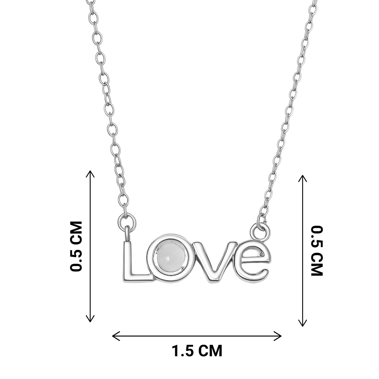 Silver 'LOVE' necklace with measurements on a white background