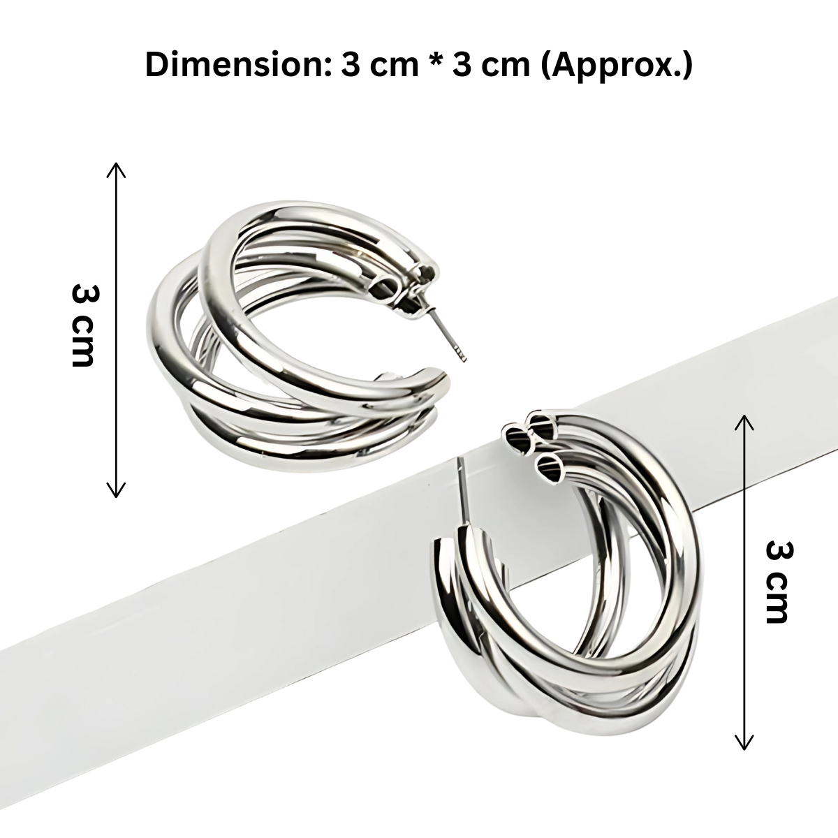 Silver hoop earrings with dimensions indicated on a white background
