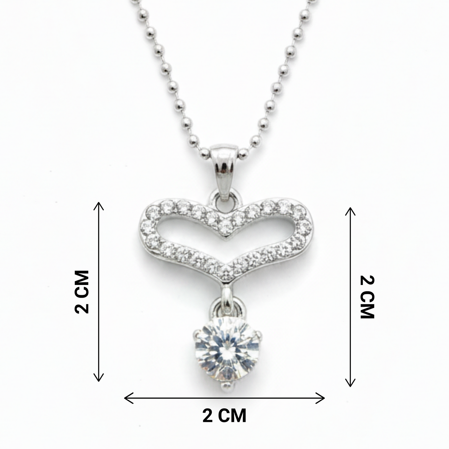 Heart-shaped pendant necklace with a clear gemstone, shown with measurements on a white background.
