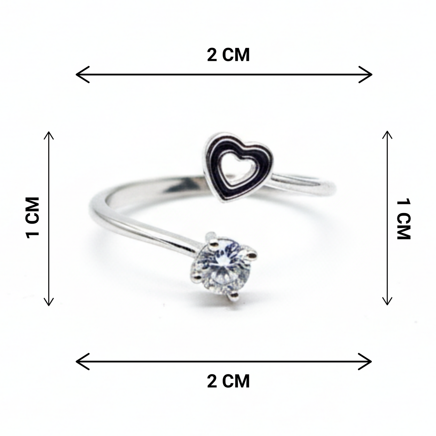 Silver ring with heart-shaped pendant and diamond, shown with measurements on a white background