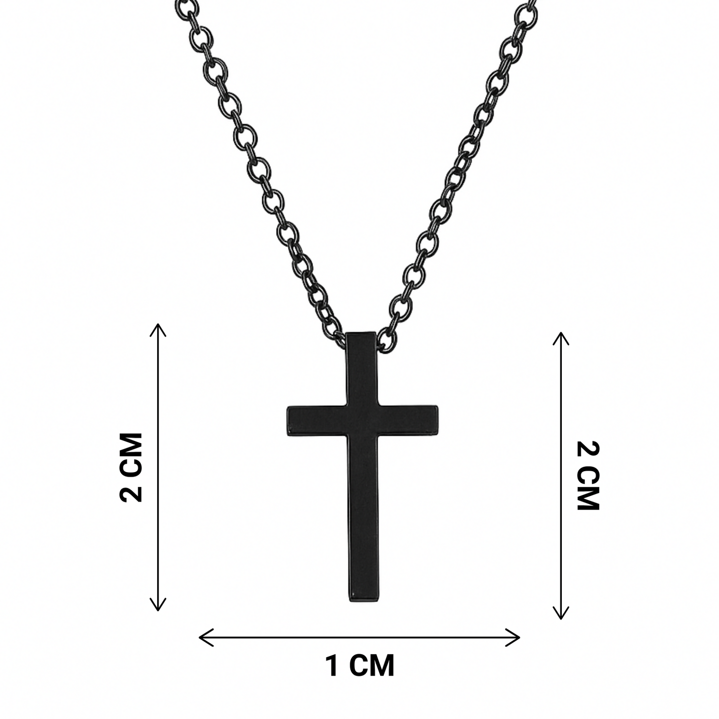 Black cross pendant necklace with measurements on a white background