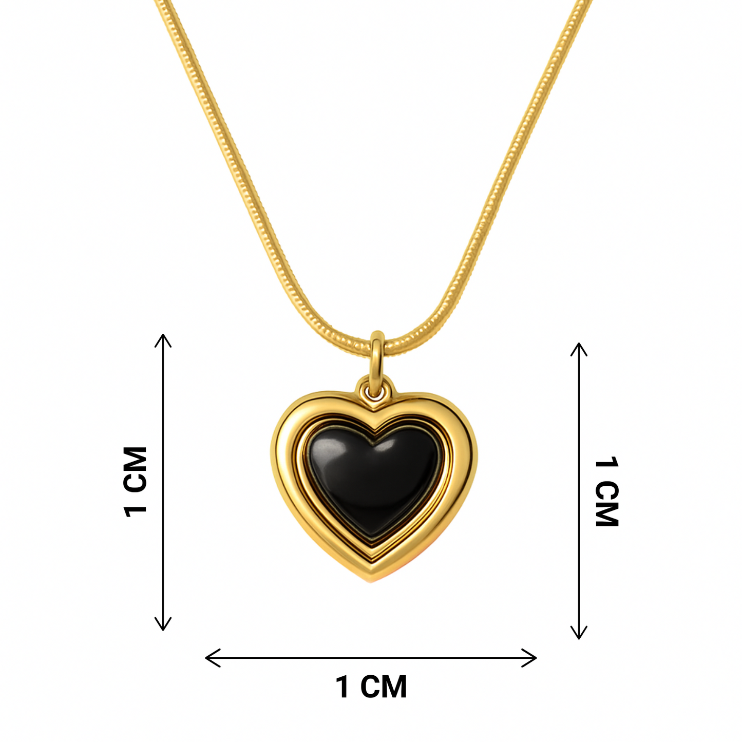 Gold heart-shaped pendant with black center and measurements on a white background