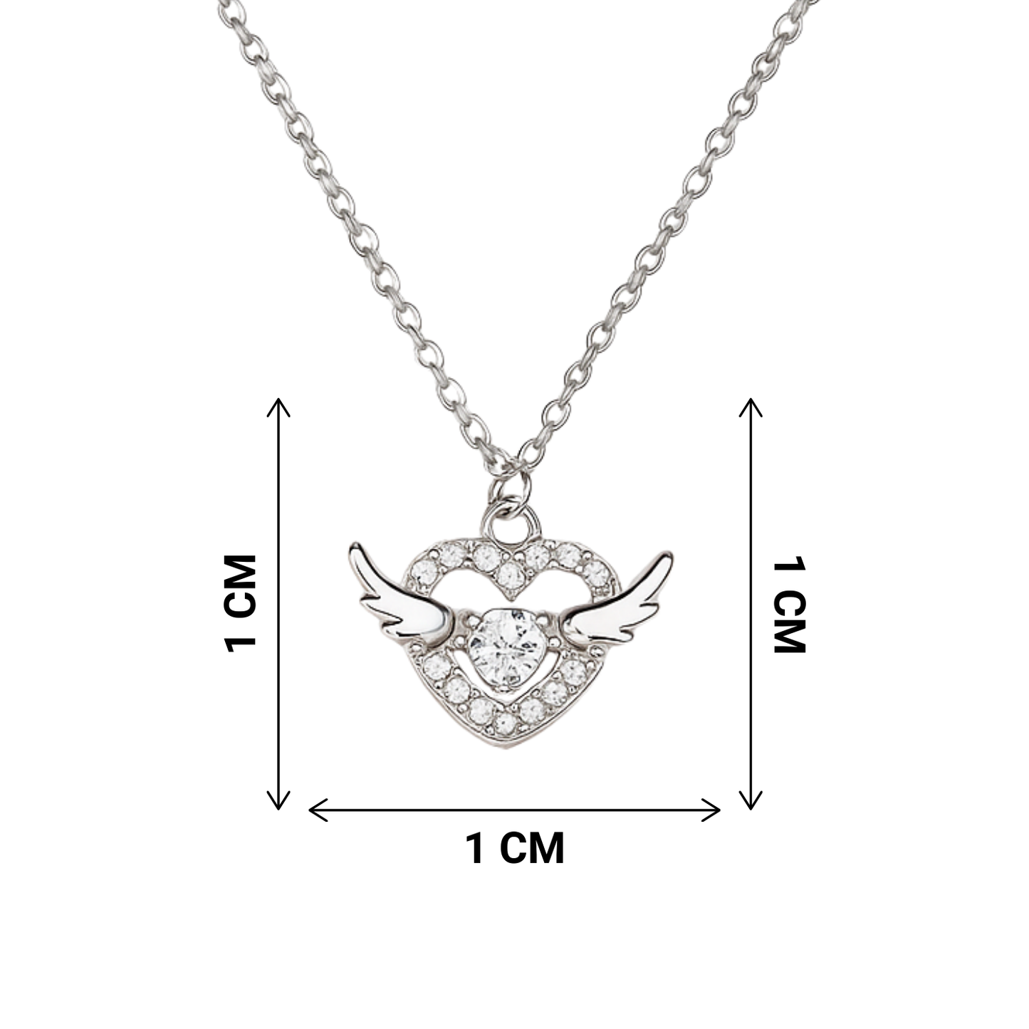 Heart-shaped pendant with wings on a chain, shown with measurements on a white background