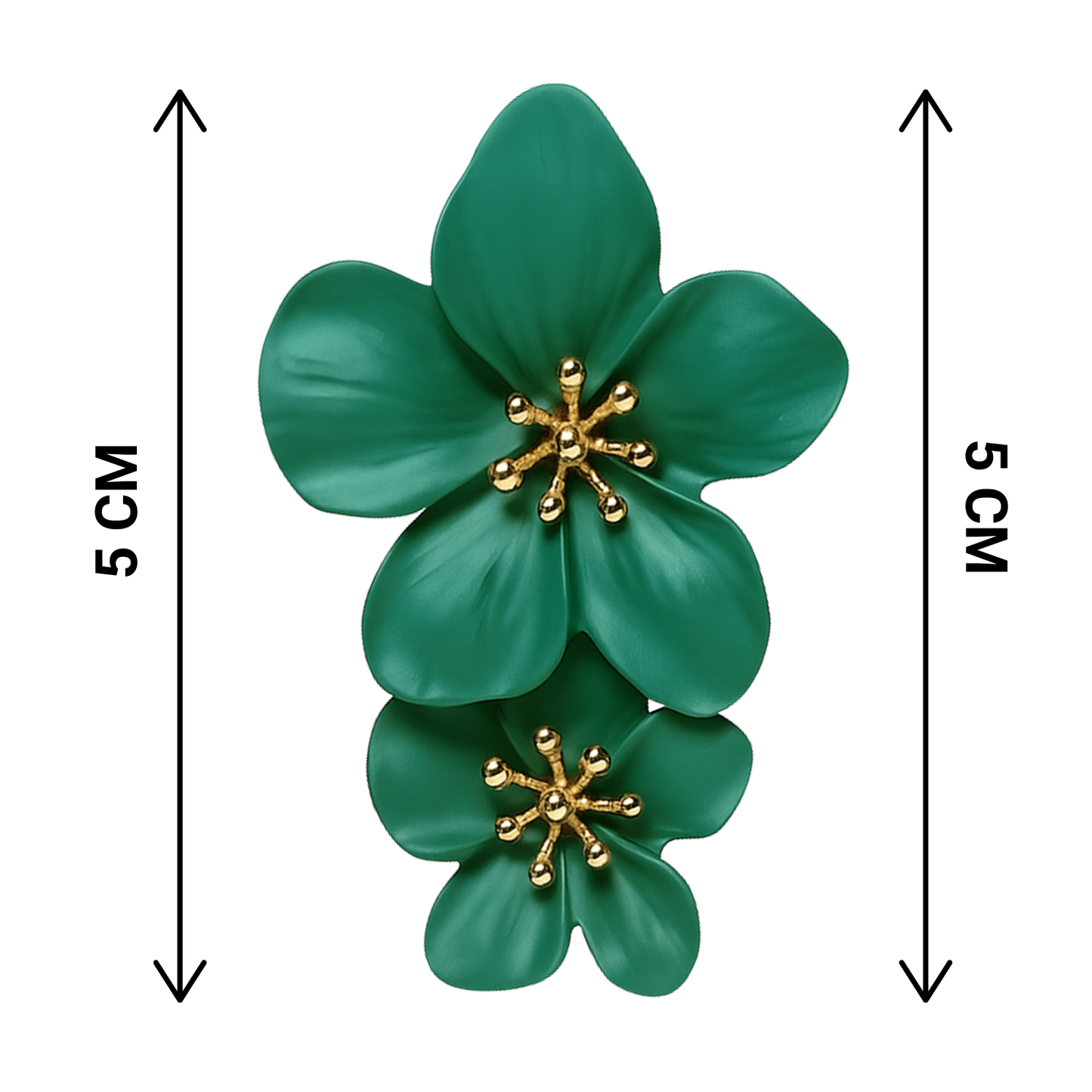 Green floral brooch with gold center on a white background, shown with dimensions.