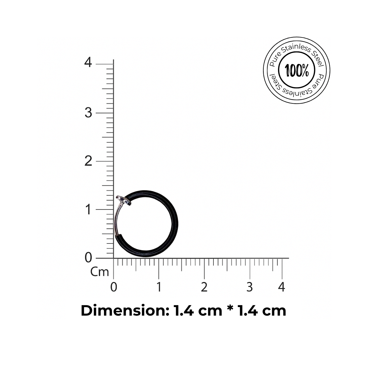 Small black ring with a ruler for scale on a white background, featuring a '100% Pure Stainless Steel' stamp.