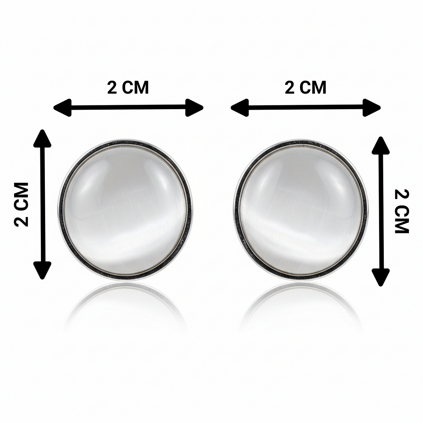 Pair of round earrings with dimensions indicated on a white background