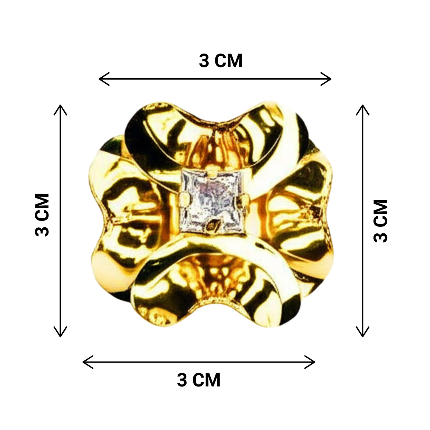 Gold flower-shaped earring with a diamond center, shown with dimensions on a white background.