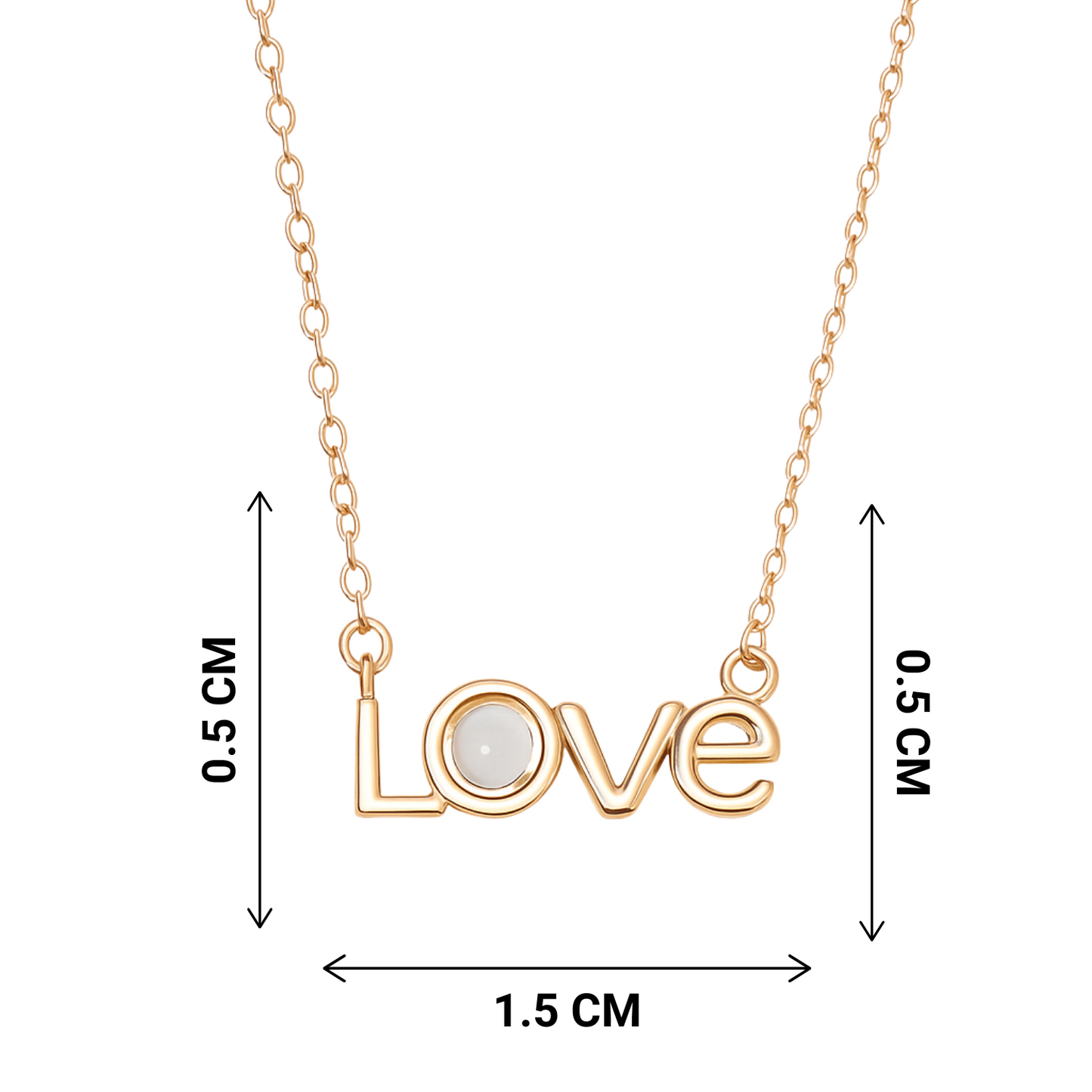 Gold 'LOVE' necklace with measurements on a white background