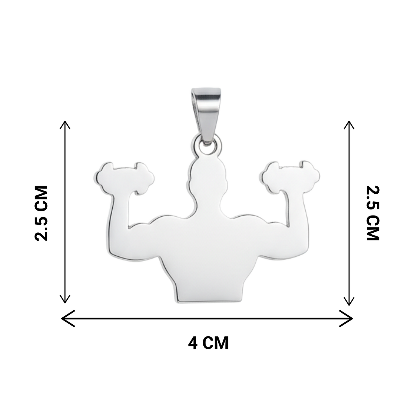 Silver pendant shaped like a flexing arm with measurements on a white background