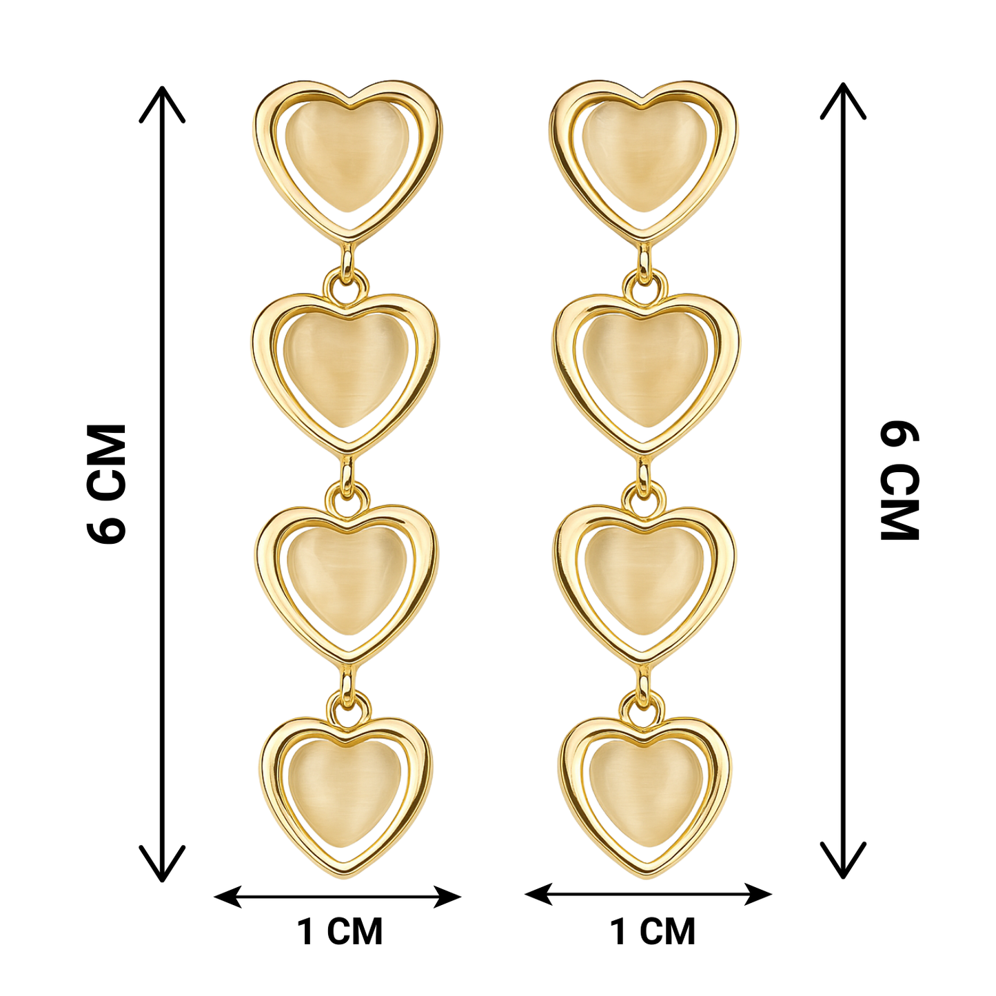 Gold heart-shaped earrings with measurements on a white background