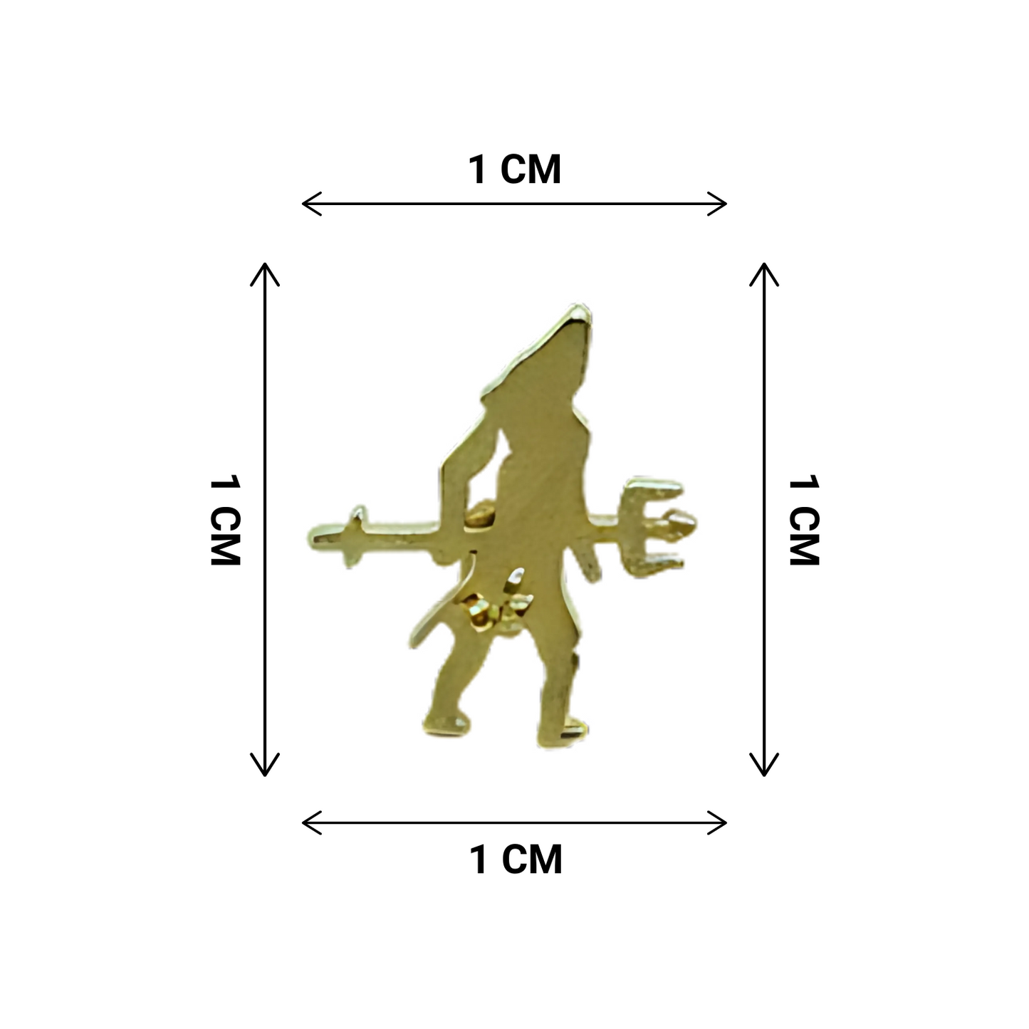 Gold-colored figurine of a character with measurements on a white background