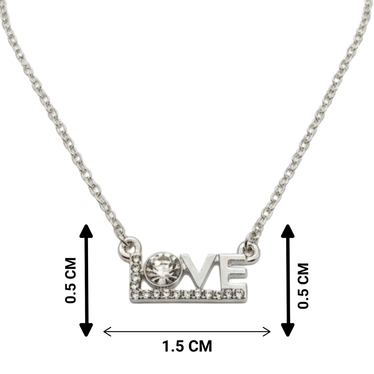 Silver necklace with 'LOVE' pendant and measurements on a white background