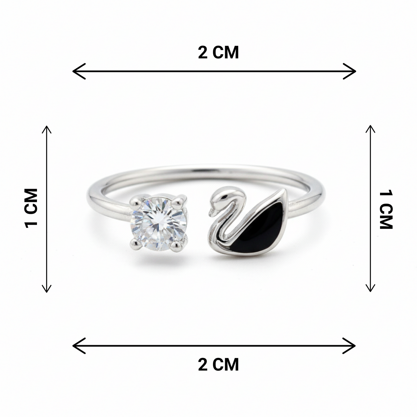 Silver ring with swan design and gemstone, shown with measurements on a white background
